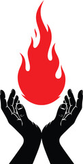 Stylized vector illustration of two black hands cradling a vibrant red fire flame symbol on white background.