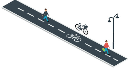 Isometric city bike lane with pedestrians and bicycle on road