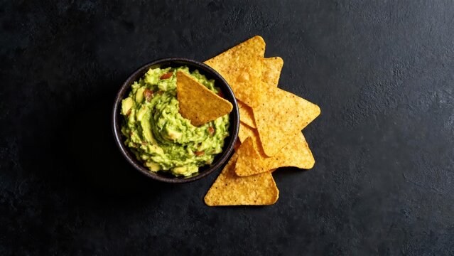 Freshly prepared guacamole dip with tortilla chips rests on a dark textured surface