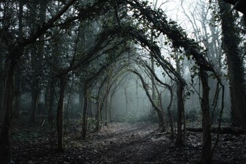 Naklejka premium Mysterious Forest Path - A Dark and Eerie Landscape.