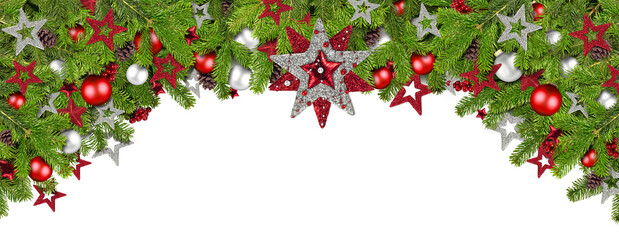 Weihnachten bunt farbenfroh bordüre mit Tannenzweigen und rot silber Weihnachtsschmuck panorama format 