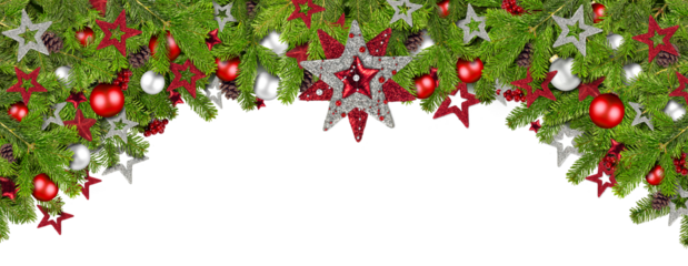 Weihnachten bunt farbenfroh bordüre mit Tannenzweigen und rot silber Weihnachtsschmuck panorama format 