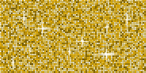 Disco ball mosaic background with gold mirror glitter texture. Shiny yellow tones sequin pattern. Festive fashion decoration. Glam sparkle Christmas wall. Vector illustration.