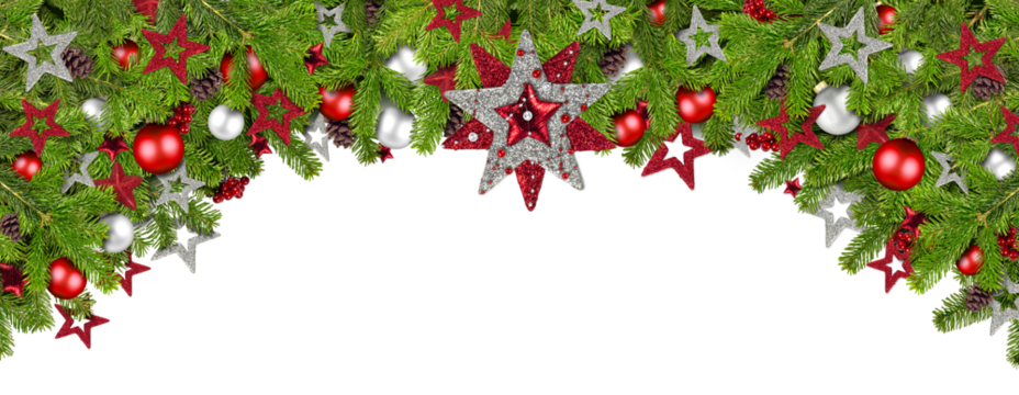 Weihnachten bunt farbenfroh bordüre mit Tannenzweigen und rot silber Weihnachtsschmuck panorama format 