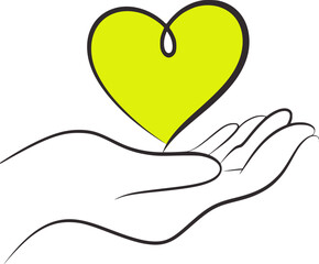 Yellow heart held by open hand care