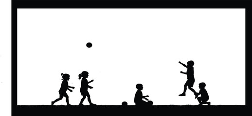 Children playing with balls, silhouette kids activity, outdoor fun, teamwork, childhood joy, black and white illustration, energetic movement, minimalist design