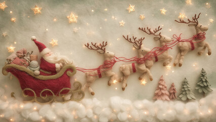 Christmas Santa with Reindeer Sleigh Made of Felt