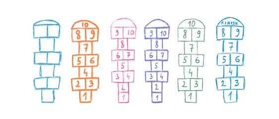 Hopscotch playground games chalk drawn set. Hop scotch play drawing on asphalt isolated on transparent background. Children outdoor entertainment. Vector colorful crayon handwritten illustration.