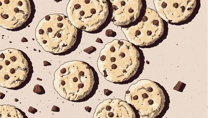 Flat lay illustration of scattered chocolate chip cookies pattern.
