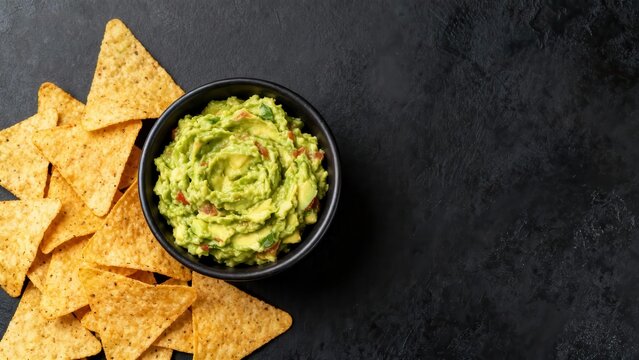 Bowl of fresh green avocado dip served with corn chips on dark textured surface