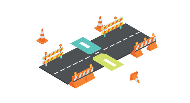 Isometric roadblock with traffic cones and barricades