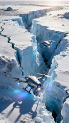 Obraz premium Futuristic drones with blue lights hover over a deep ice crevasse, long shadows on snowy foreground, vast plateau and low sun behind, high-tech arctic exploration concept