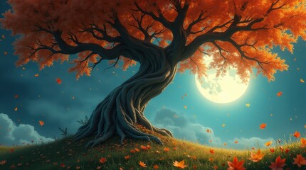Mystical autumn tree with glowing moon and falling leaves