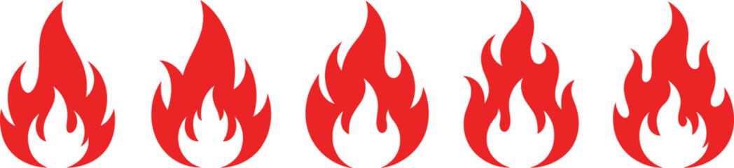 Red fire flame icon vector set, simple graphic design elements for heat warning, danger, and energy.