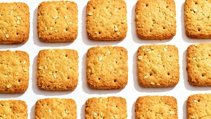 Golden baked oat biscuits are arranged in a neat, repeating pattern against a bright background.