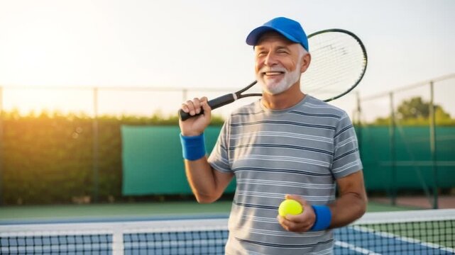 Senior man with tennis racket and ball on court with sunny sky
