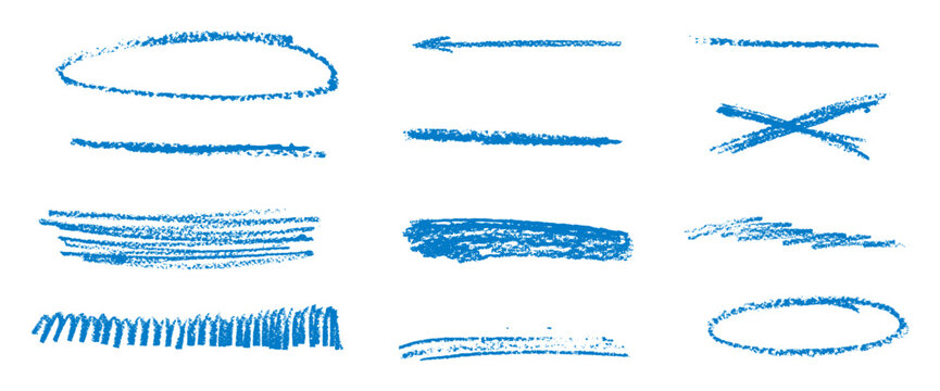 Blue underline crayons elements. Line graphite pencil brush stroke textured. Chalk or charcoal strikethrough marks set. Hand pen drawn highlight and emphasis. Vector scribble dividers on transparent.