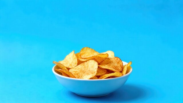 Crispy golden potato slices fill a small white bowl against a bright blue background - Powered by Adobe