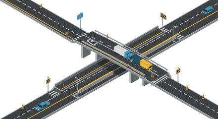 Isometric highway intersection with overpass and vehicles