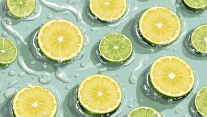 Refreshing Citrus Slices Floating in Water on a Light Blue Background.
