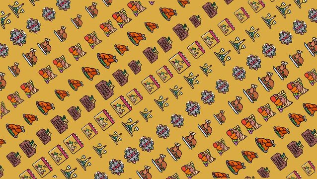 Seamless looping pattern featuring turkey, cornucopia, calendar, wreath, and Happy Thanksgiving symbols on yellow background. Ideal for holiday and autumn themes.