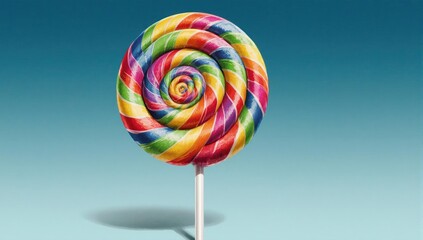 A vibrant rainbow swirl lollipop on a stick against a blue background.