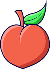 Cartoon Peach Fruit Illustration with Green Leaf on Black Background