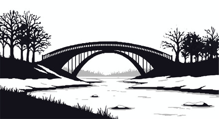 Obraz premium Serene arched bridge crossing a calm river surrounded by silhouetted bare trees on a crisp winter day.