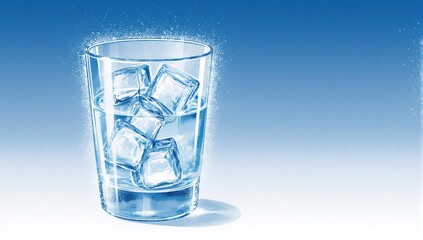 Glass of refreshing water with ice cubes on a blue background.