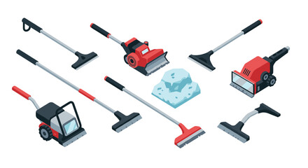 Isometric snow removal equipment set on white background