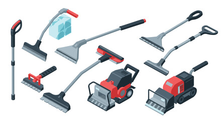 Isometric snow removal tools and equipment set in modern 3d design