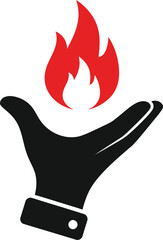 Hand holding a vibrant red flame icon vector isolated on white, symbolizing power, warmth, and protection.