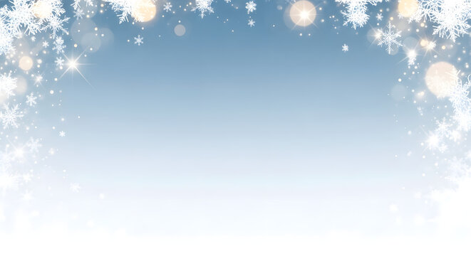 Softly falling snowflakes and bokeh lights create a magical winter wonderland background with a gradient sky