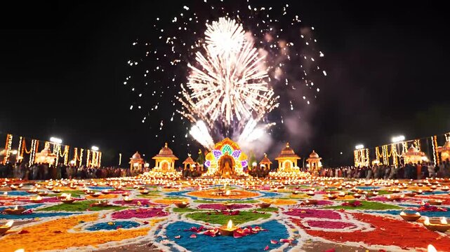 Diwali Celebration with Colorful Rangoli Lit Oil Lamps Fireworks and Decorated Temples in Festive Night Atmosphere