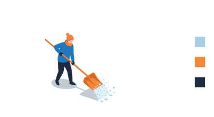 Isometric illustration of person shoveling snow in winter attire