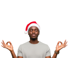 Man in Santa hat meditating with calm face isolated on white background
