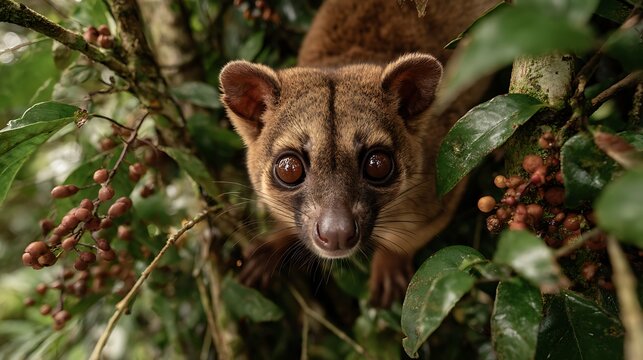Close up of a cuscus looking down from a tree with berries and green leaves in the background