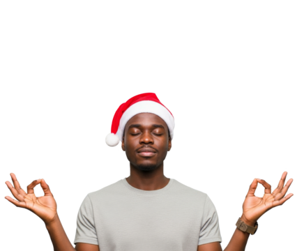 Man in Santa hat meditating with calm face isolated on white background