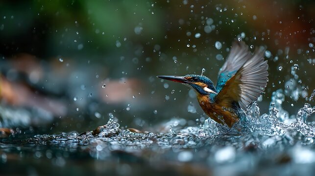Kingfisher bird emerging from water with wings spread and water droplets in a natural setting