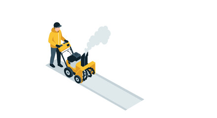 Obraz premium Worker operating snow blower in winter, efficiently clearing sidewalk in isometric style