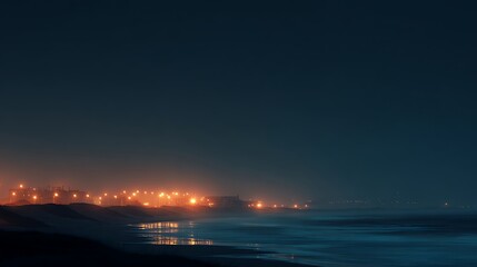 Night coastal scene with distant city lights reflecting on ocean waves