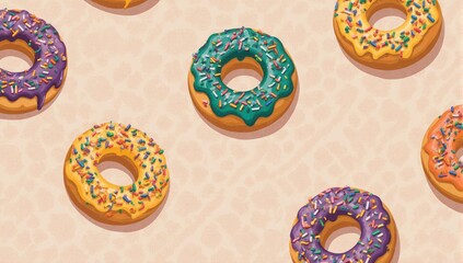 Colorful Donuts with Sprinkles on a Beige Background.