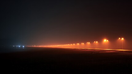 Long row of glowing orange streetlights along a dark, hazy coastal road at night