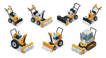 Fototapeta premium Isometric lawn equipment 3d set mowers and tractors with front blades