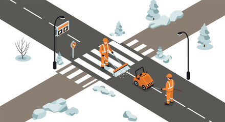Isometric winter road maintenance with workers cleaning snowy crosswalk