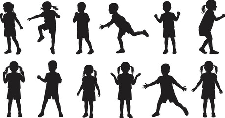 Children silhouette, playful kids, dancing poses, energetic movement, black figures, white background, childhood activity, fun gestures, vector illustration, clipart