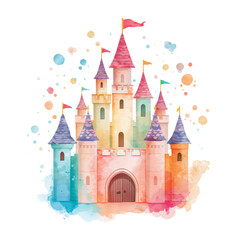 Fototapeta premium Colorful Fantasy Castle With Towers and Flags in Vibrant Watercolor Style
