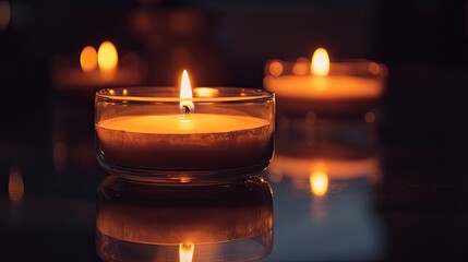 Soft candlelight illuminating the dark, mirrored surface doubling the warm glow and creating a dreamy tranquil effect