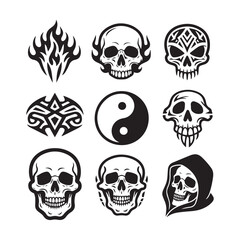 Set of Skull Tattoo Designs in Tribal, Realistic, and Symbolic Vector Styles.