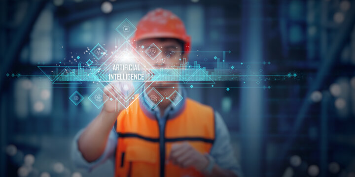 Artificial Intelligence concept in industrial innovation — engineer using futuristic holographic interface symbolizing machine learning, automation, data processing and AI-driven smart technology - Powered by Adobe